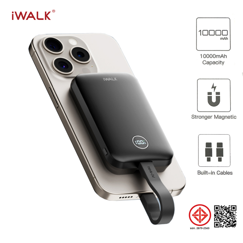 Powerbank IWALK Power Hybrid 10000mAh Black color MagSafe Magnetic Charging support 30W Fast Chargie with TypeC and Lightning Built-in Cables