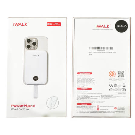Powerbank IWALK Power Hybrid 10000mAh Black color MagSafe Magnetic Charging support 30W Fast Chargie with TypeC and Lightning Built-in Cables