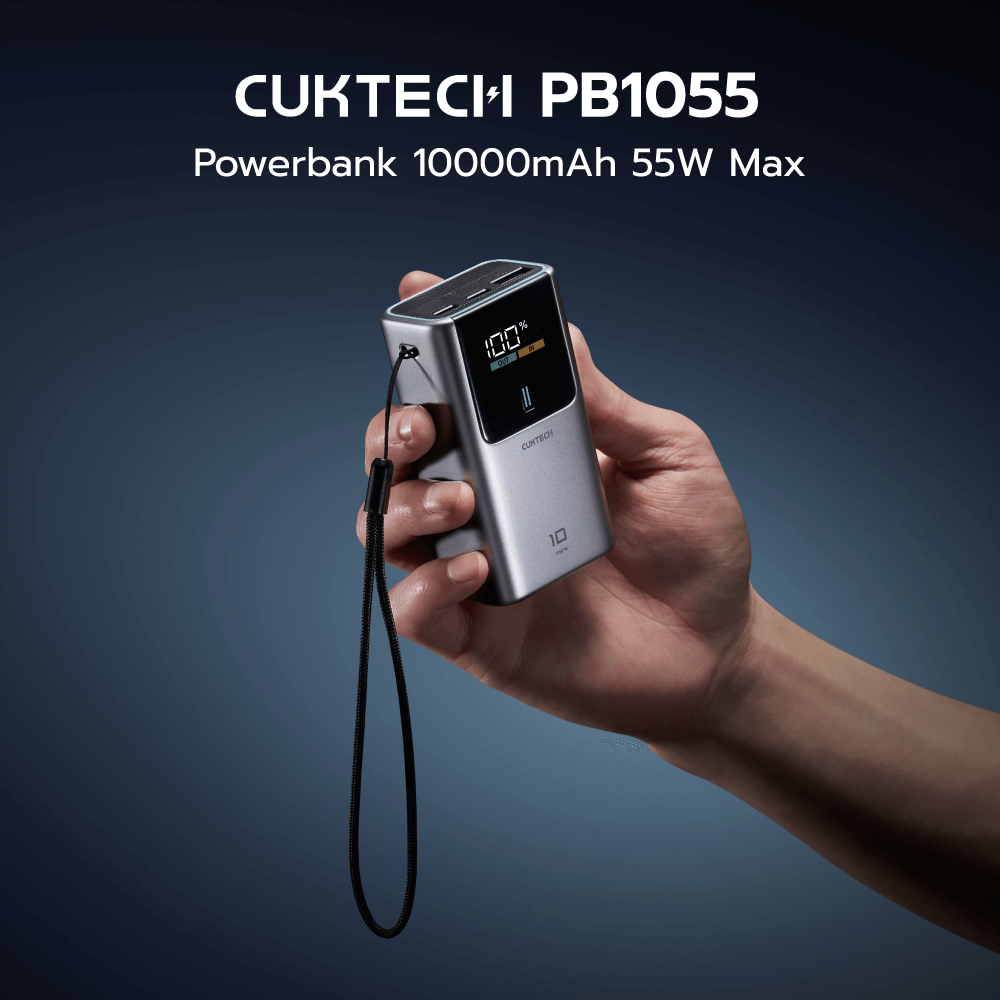CUKTECH PB1055 10000MAH CCC GRAY BACKUP BATTERY, EASY TO CARRY WITH A STRAP, CAN SUPPLY UP TO 55W OF POWER.