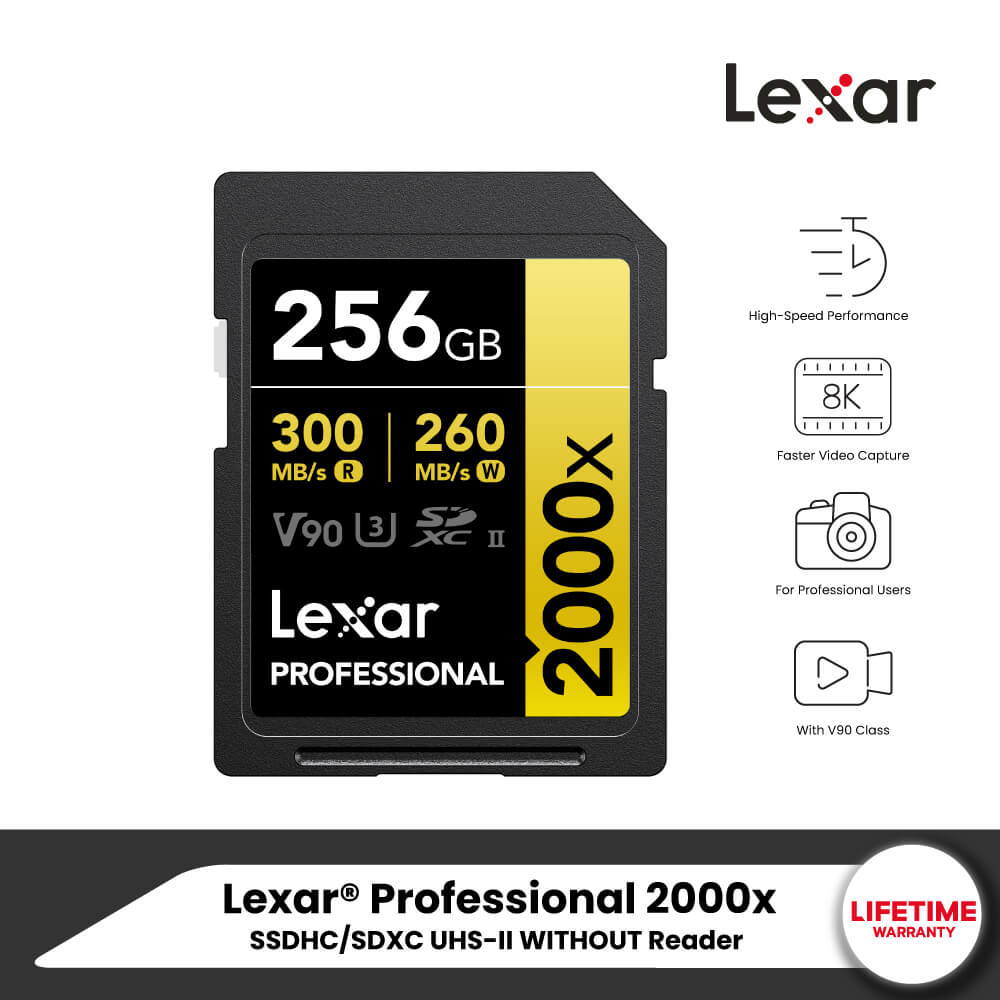 MEMORY CARD LEXAR SD2000X 256GB UHS-II U3 V90 SD CARD (เอสดีการ์ด) FULL-HD 3D 4K 8K RW300/260MB/S (LSD2000256G)